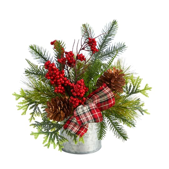 12" Holiday Winter Pinecones, Berries, Greenery & Plaid Bow Arrangement